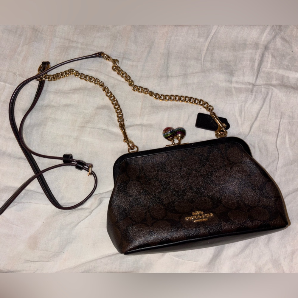 Coach Brown and Gold Shoulder Bag with Chain Strap
